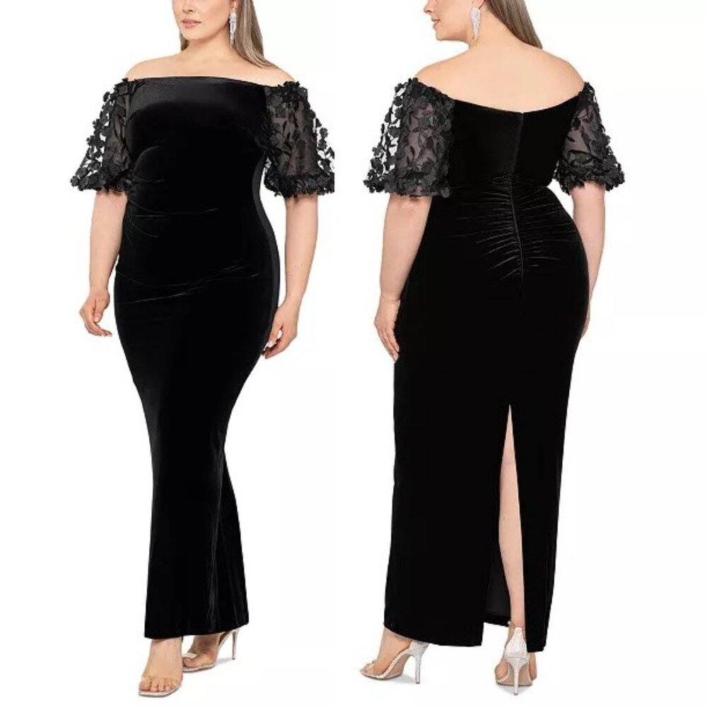XSCAPE Velvet Dress 14 Black Floral Lace Puff Sleeve Gown Fit & Flare Plus Size